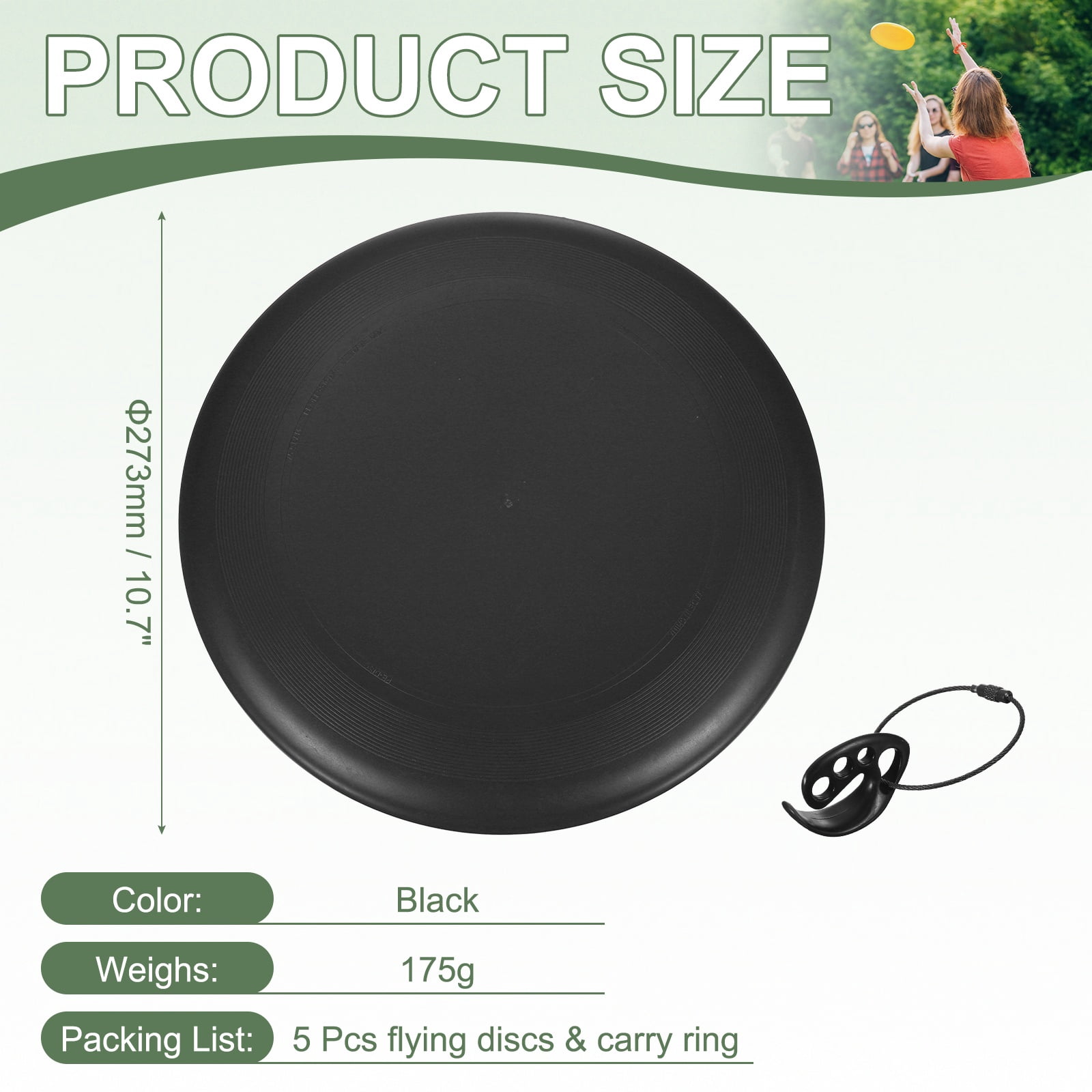 Flying Disc, Sports Flying Disc 10.7 inch & 175g & 5 Pack & Plastic & Black with Carry Ring - Fitting for (Outdoor/Beach/Camping/Park/Pet/Pro/Beginners)