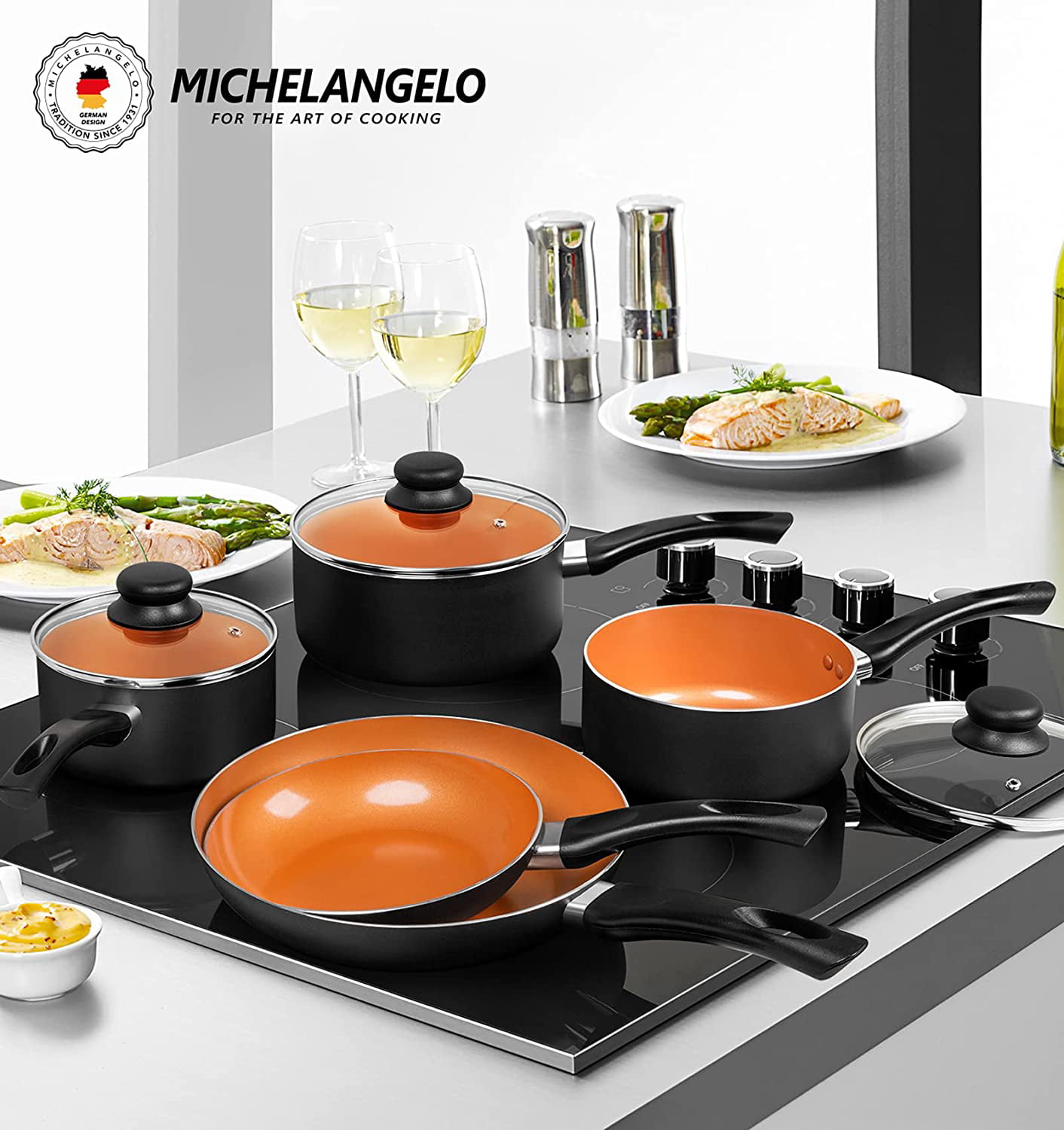 MICHELANGELO Copper Pots and Pans Set Nonstick, Hard Anodized Cookware Set  With Ceramic Coating, Induction Pots and Pans, Copper Cookware Set,  Essential Ceramic Cookware Set 12-Piece 