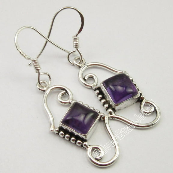 SilverStarJewel Ethnic Designer Long Earrings Pair, 925 Sterling Silver Amethyst Jewelry 1.7"
