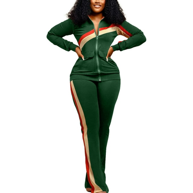 UKAP Ladies Tracksuit Set Elastic Waist Jogger Sets Solid Color Sweatsuits Athletic Home Two Piece Outfit Green 2XL