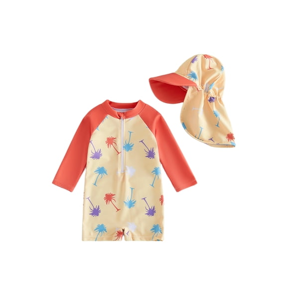 BemeyourBBs Newborn Baby Boy Girl One Piece Swimsuit With Sun Hat Infant Bathing Suit Rash Guard Sea Animal Octopus Print Long Sleeve Zipper Swimwear Summer Beachwear