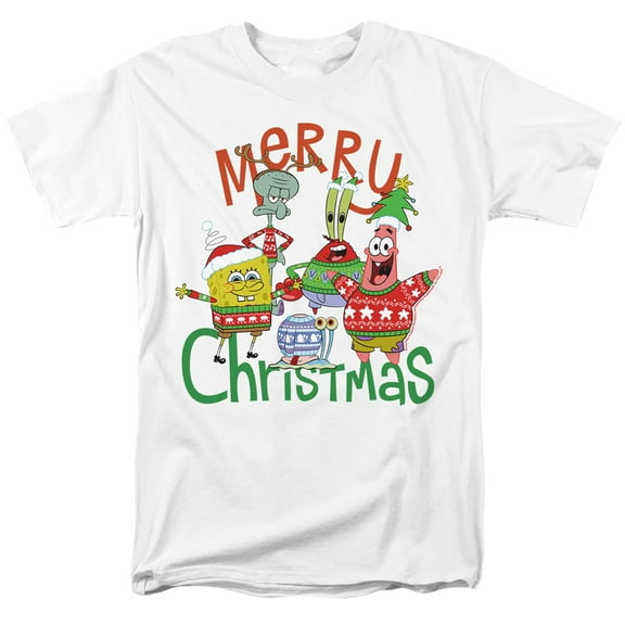 SpongeBob Merry Christmas Group Unisex Adult T Shirt, White, 2X-Large