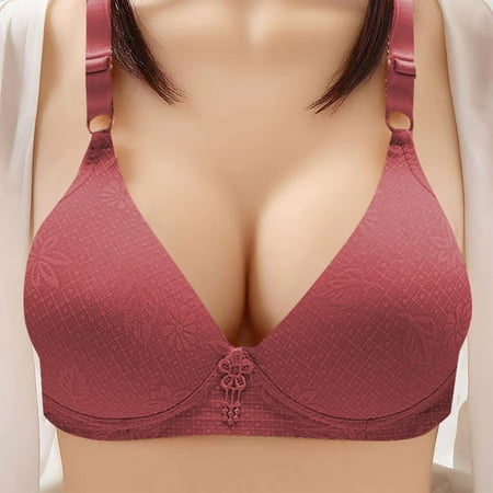WREESH Push-Up Bra Women No Underwire Bras Printed Gathered Middle Button Breathable Underwear Daily Bra Plunge Bra Underwear Wine