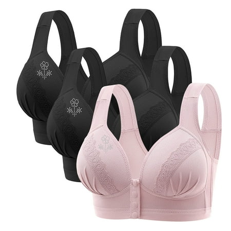 Black of Friday Deals!Clearance Staron 3PC Daisy Bras for Older Women Front Closure Bra No Underwire Comfortable Bras Wireless Bras Soft Strap Front Close Bra