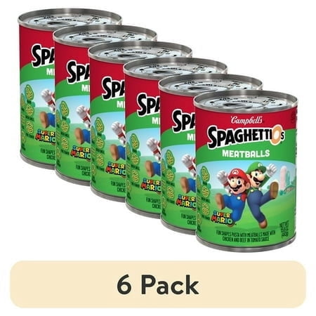 (6 pack) SpaghettiOs Super Mario Bros Canned Pasta with Meatballs, 15.6 oz Can