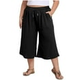 thumbnail image 2 of Bloomae Women's Plus Size Capri Culottes Pants Drawstring Elastic High Waisted Wide Leg Palazzo Trousers with Pockets for Summer Casual Wear Black XXXL, 2 of 7