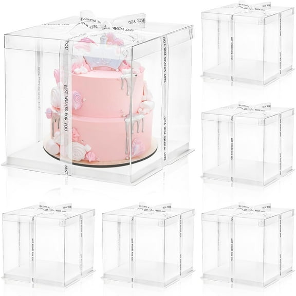 6 Pcs Clear Cake Box with Ribbon 2-Layer 10x10x10 Inch, Transparent Cake Carrier Box with Lids, PET Tall Cake Packaging Boxes, Clear Gift Boxes for Mother's Day Birthday Wedding Festival Party