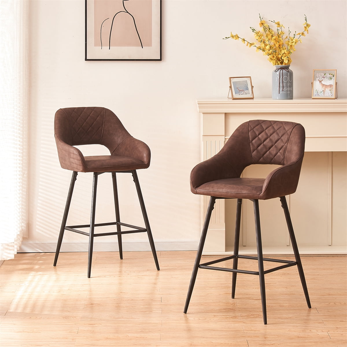 Bar Stools Set of 2, Velvet Dining Stools with Metal Frame and Footrest ...