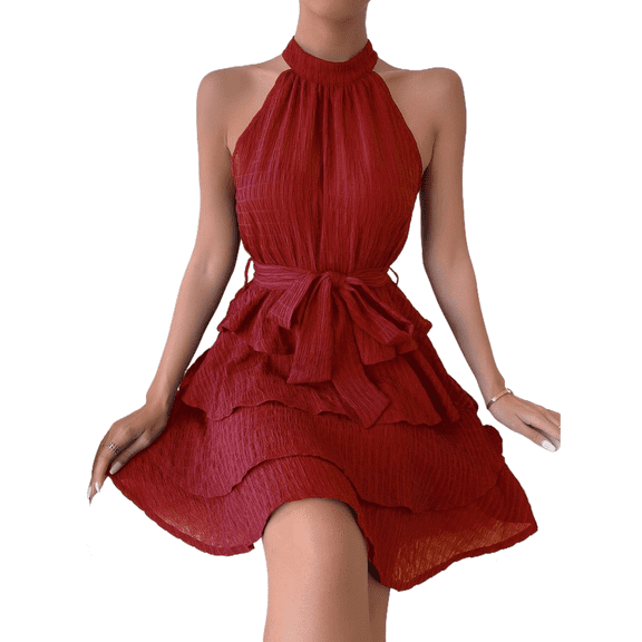 EASYBRAUS Women Halter Lace Tiered Summer Dress Sleeveless Elegant Party Dress