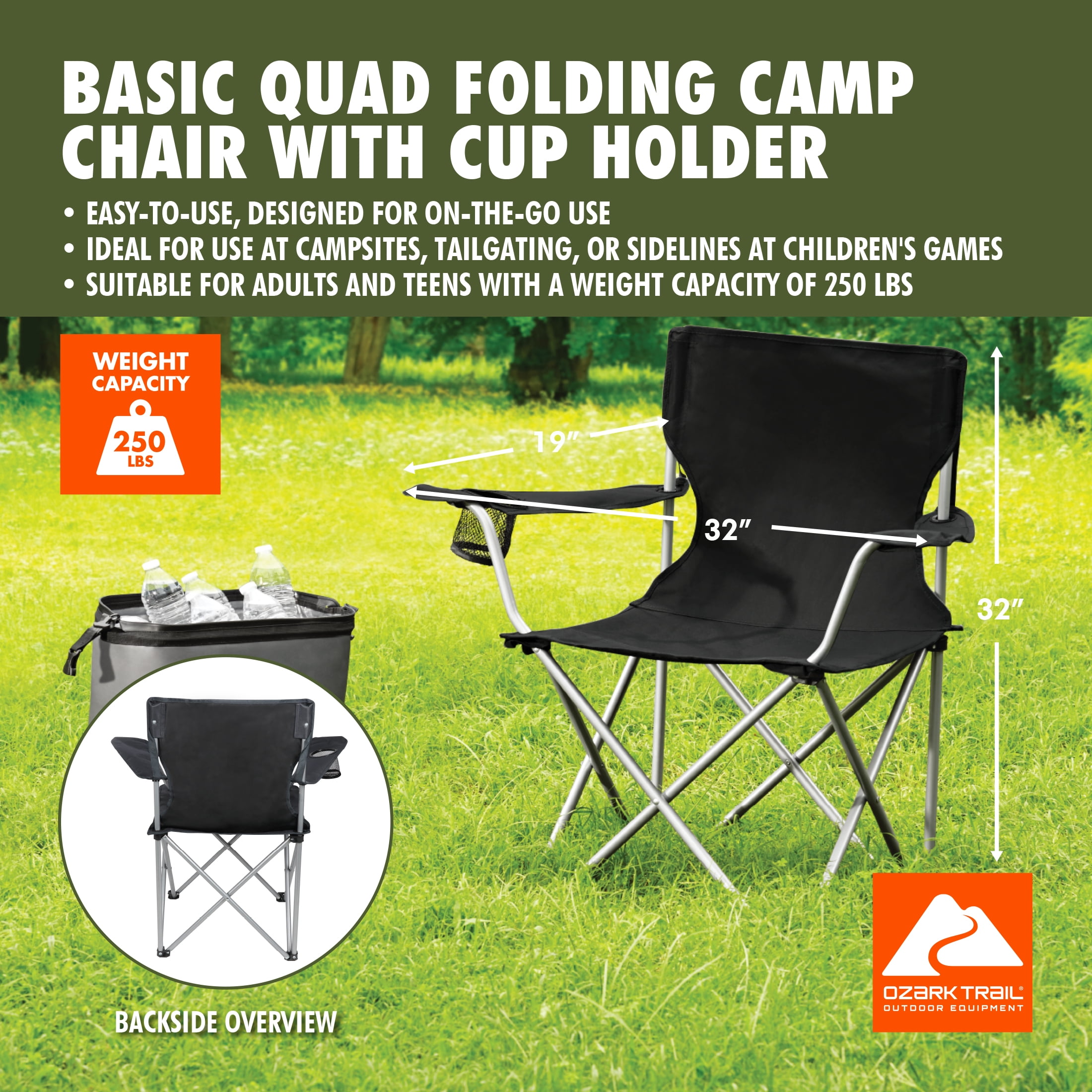(6 pack) Ozark Trail Quad Folding Camp Chair with Cup Holder, Black