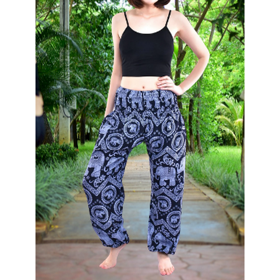 Bohotusk Blue Elephant Tusker Elasticated Smocked Waist Womens Harem Pants S/M to 3XL