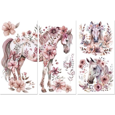 Rub on Transfer Decals for Furniture Crafts 6"x12" 3Pcs Dreamy Horse with Flower Waterproof UV Transfer Decals Sticker for Dresser Glass Porcelain Wood