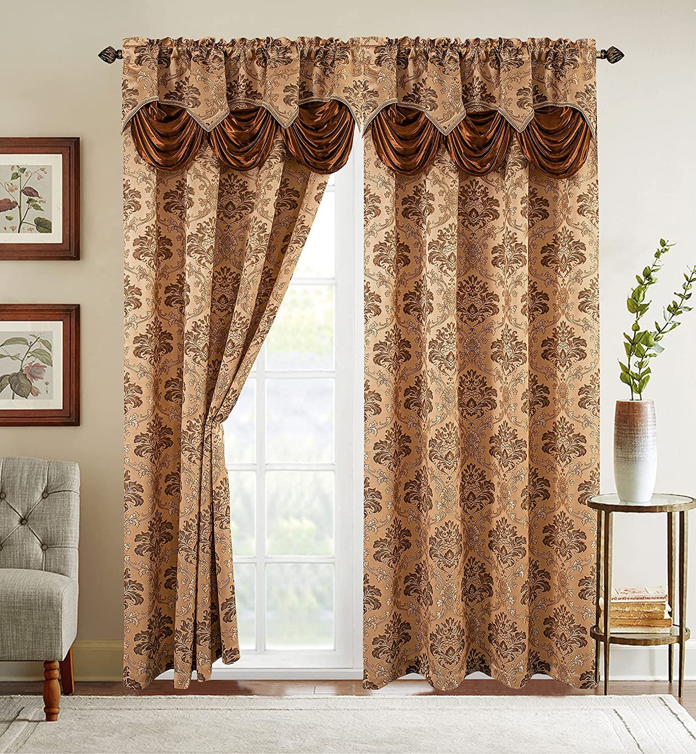 Elegant Comfort Jaquard Curtain Panels with Attached Pleated Valance, 2