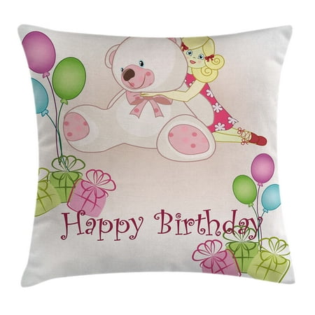 Baby Teddy Bear Throw Birthday Decorations for Kids Throw Pillow Cushion Cover, Baby Girl Birthday with Teddy Bears Balloons Boxes Doll Image, Decorative Square Accent Pillow Case, 16 X 16 Inches, Light Pink, by Ambesonne ()