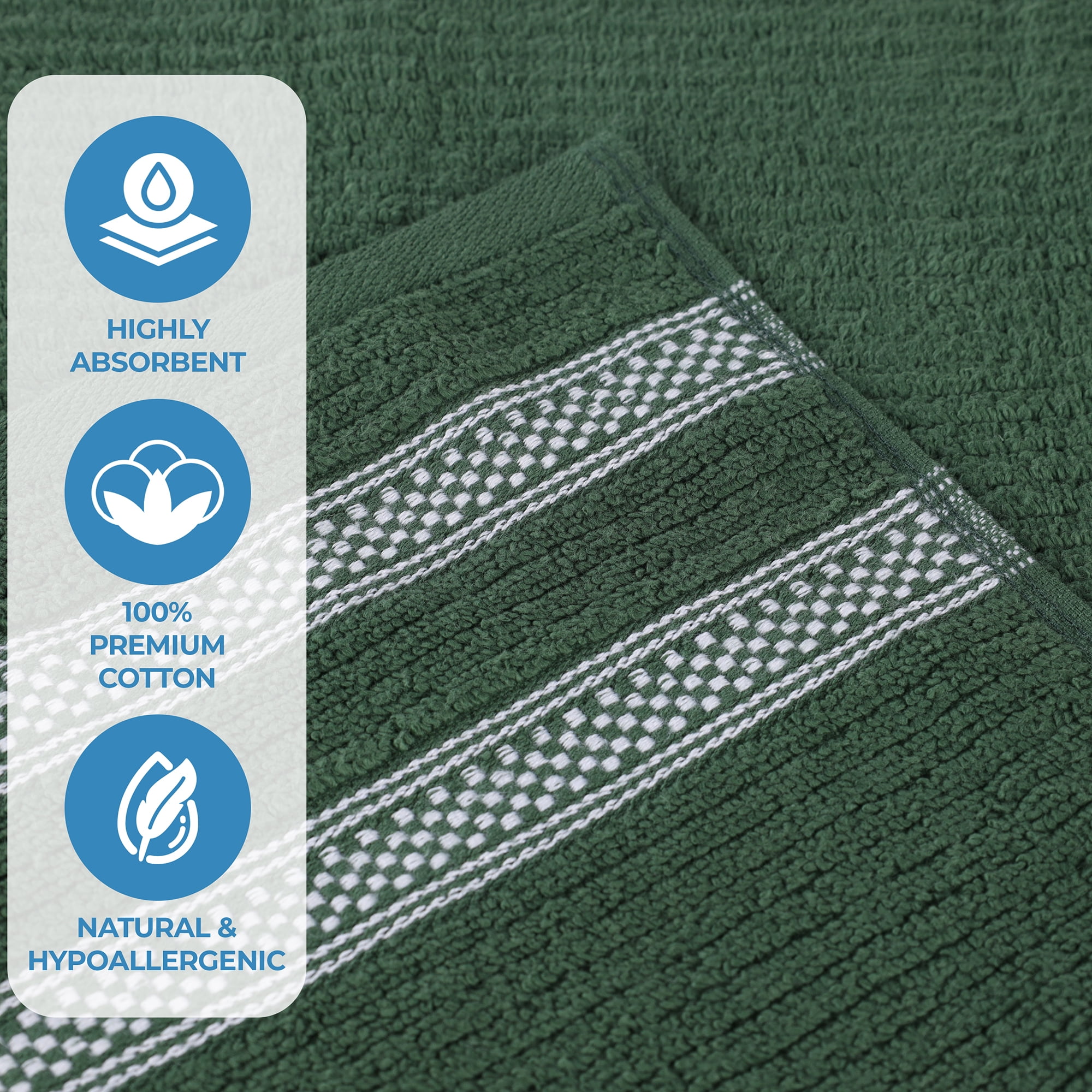 Superior Zero Twist Cotton Ribbed Geometric Hand Towel Set of 6, Ultra Soft Quick Dry, Forest Green