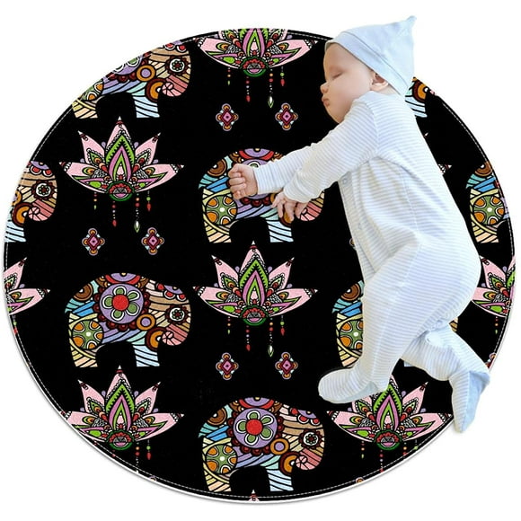 Vintage Lotus Ethnic Elephant Round Soft Area Rugs 2.6ft Anti-Slip Cute Circle Carpet for Teen Girls Room, Circular Rug for Nursery Room, Dorm, Cute Room Decor for Baby