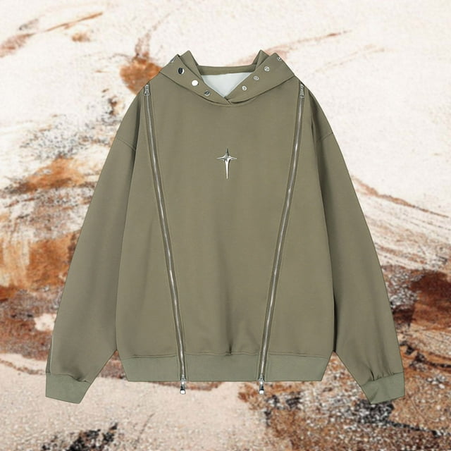 MHFRRA Sudadera con Capucha y Diseño de Doble Cremallera de Color Liso para Hombre, Sudadera Holgada Tipo Jersey Verde