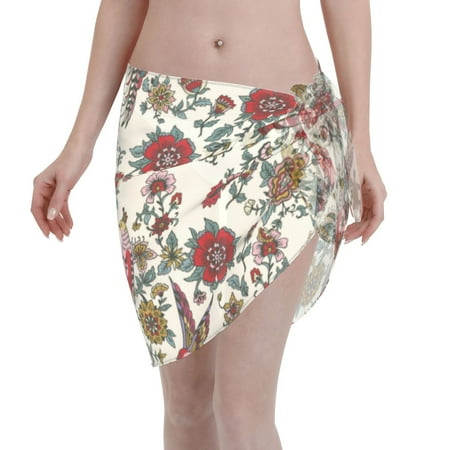 Adobk Women Beach Sarong Bathing Suit Dark Enchanted Flowers And Birds Print Wrap Skirt Sheer Bikini Swimsuit Cover Ups For Swimwear