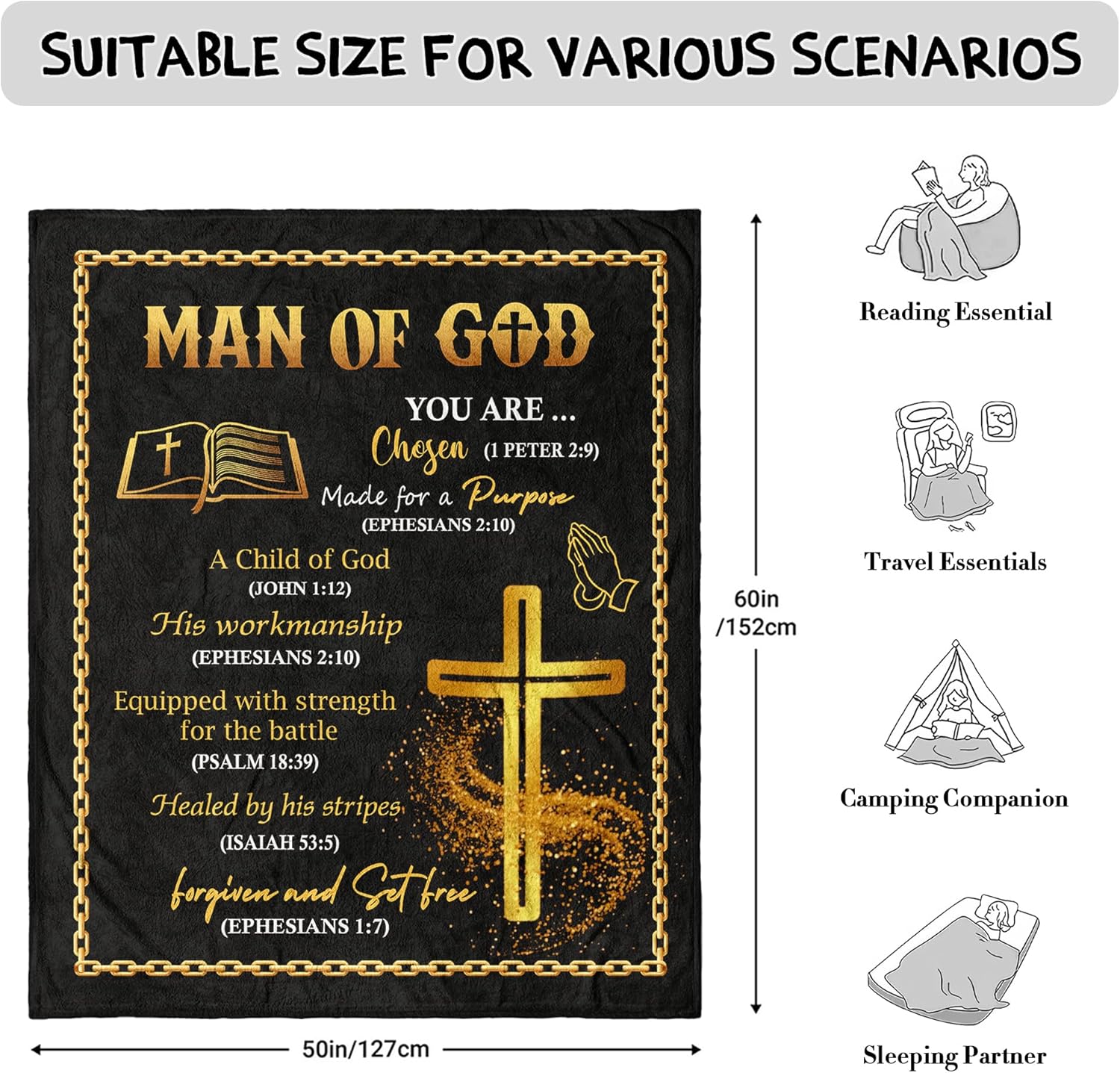 Christian Gifts for Men Blanket 60" x 50", Religious ​Baptism Gifts for Man, Confirmation Gifts for Boys, Man of God/Bible/Inspirational/Spiritual/Catholic Gifts for Men