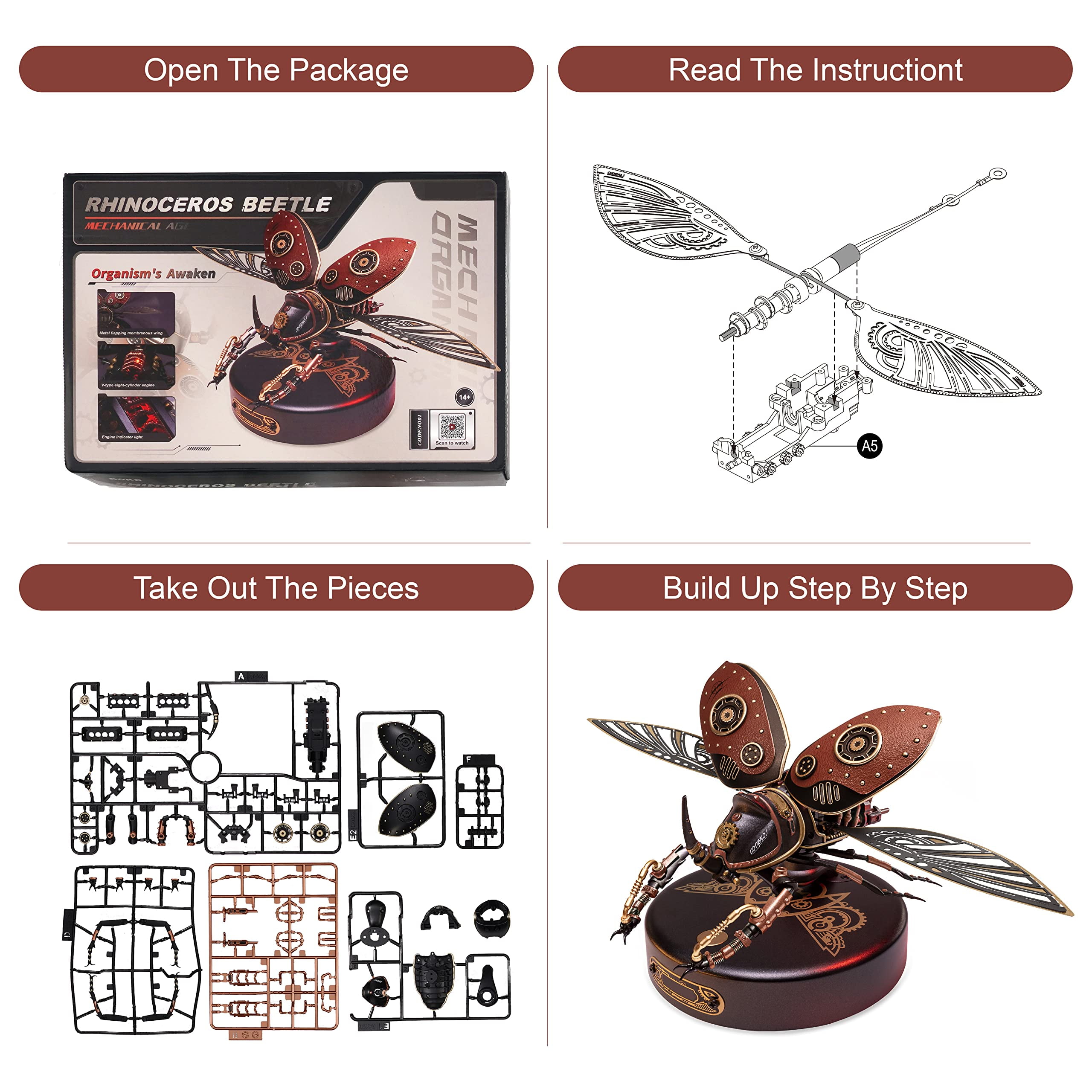 ROBOTIME Plastic Model Kit, 156 Pieces Mechanical 3D Puzzles, Rhinoceros Beetle Model Building Kits Gift for Teen Boys