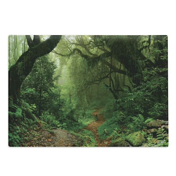 Rainforest Cutting Board, Forest in Nepal Touristic Trekking Branches Misty Road Fresh Air Outdoors Theme, Decorative Tempered Glass Cutting and Serving Board, Large Size, Green Brown, by Ambesonne