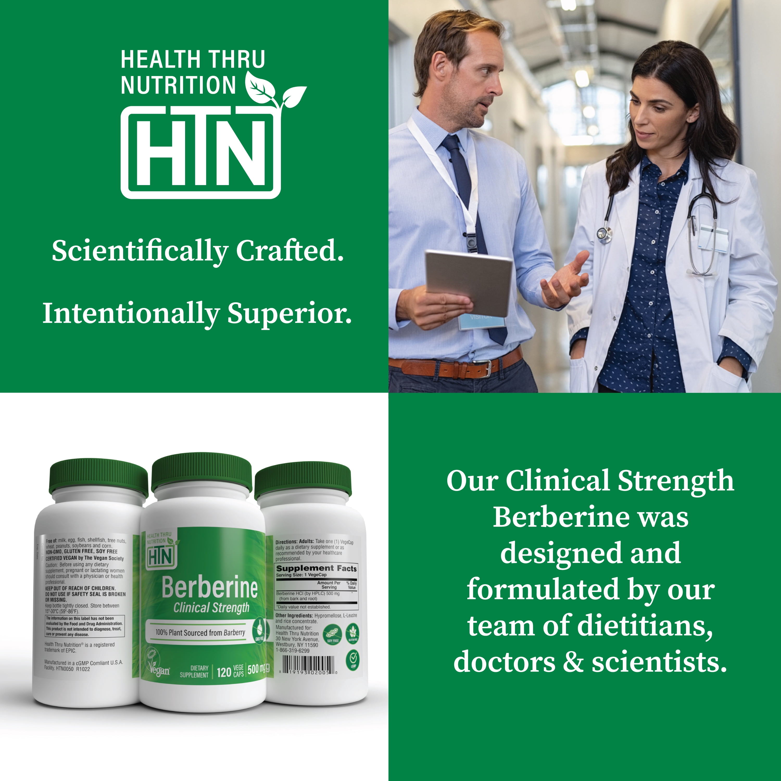 Berberine HCl 500mg  Vegan Certified | Clinical Strength - 120 Vegecaps | Blood Sugar Support | 3rd Party Tested | All Plant Extract | Non-GMO, Gluten Free, Soy Free | by Health Thru Nutrition