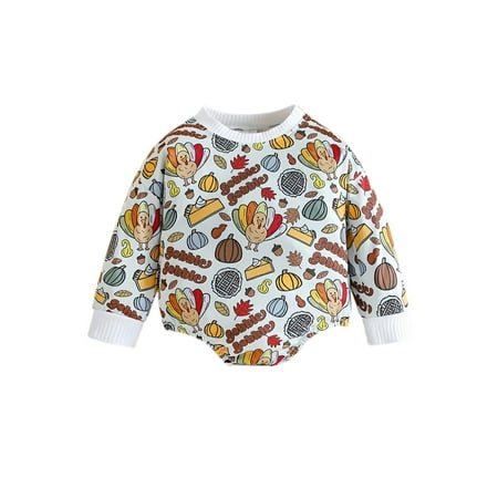 

TFFR Baby Girls Boys Rompers Thanksgiving Clothes Sweatshirts Turkey Letter Pumpkin Print Long Sleeve Bodysuits