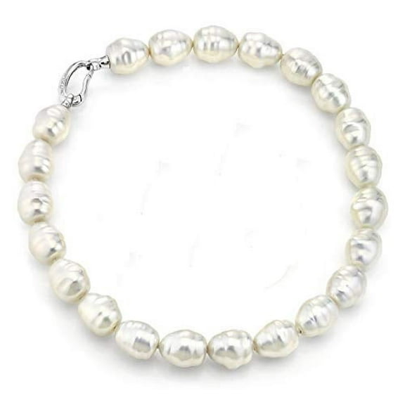 JOIA DE MAJORCA,14x16mm 18 inch White Barrel Baroque White Pearl Necklace with Rhodium Kidney Clasp