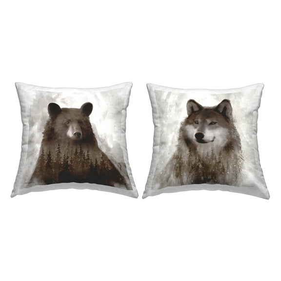 Stupell Industries Rustic Bear and Wolf Portraits Abstract Forest Brown, 18 x 7 x 18, Decorative Pillows, (Set of 2)