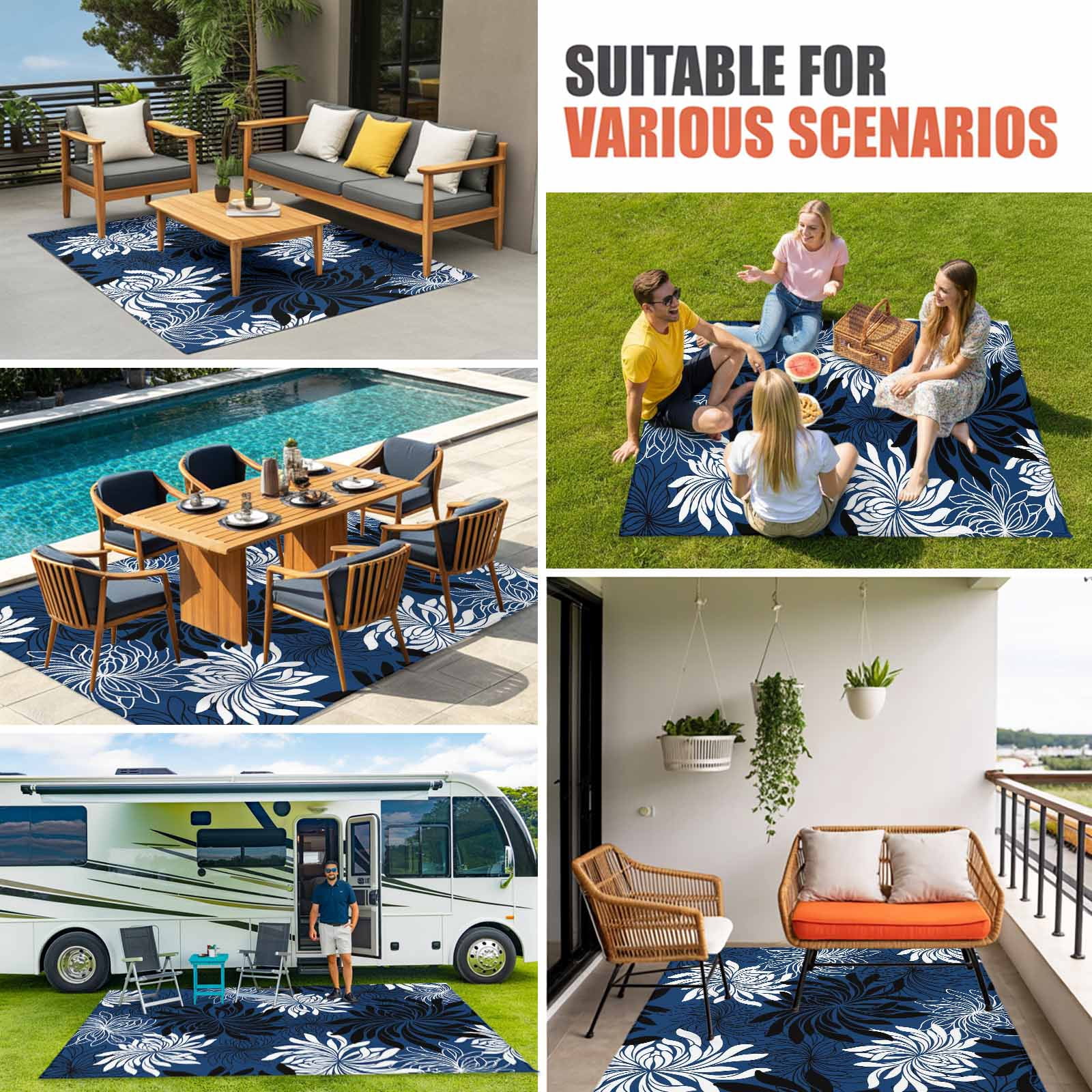 Blue Black Flowers Outdoor Rug for Patio/Deck/Porch, Non-Slip Large Area Rug 5 x 7 Ft, Modern Abstract Blooms Floral Indoor Outdoor Rugs Washable Area Rugs, Reversible Camping Rug Carpet Runner