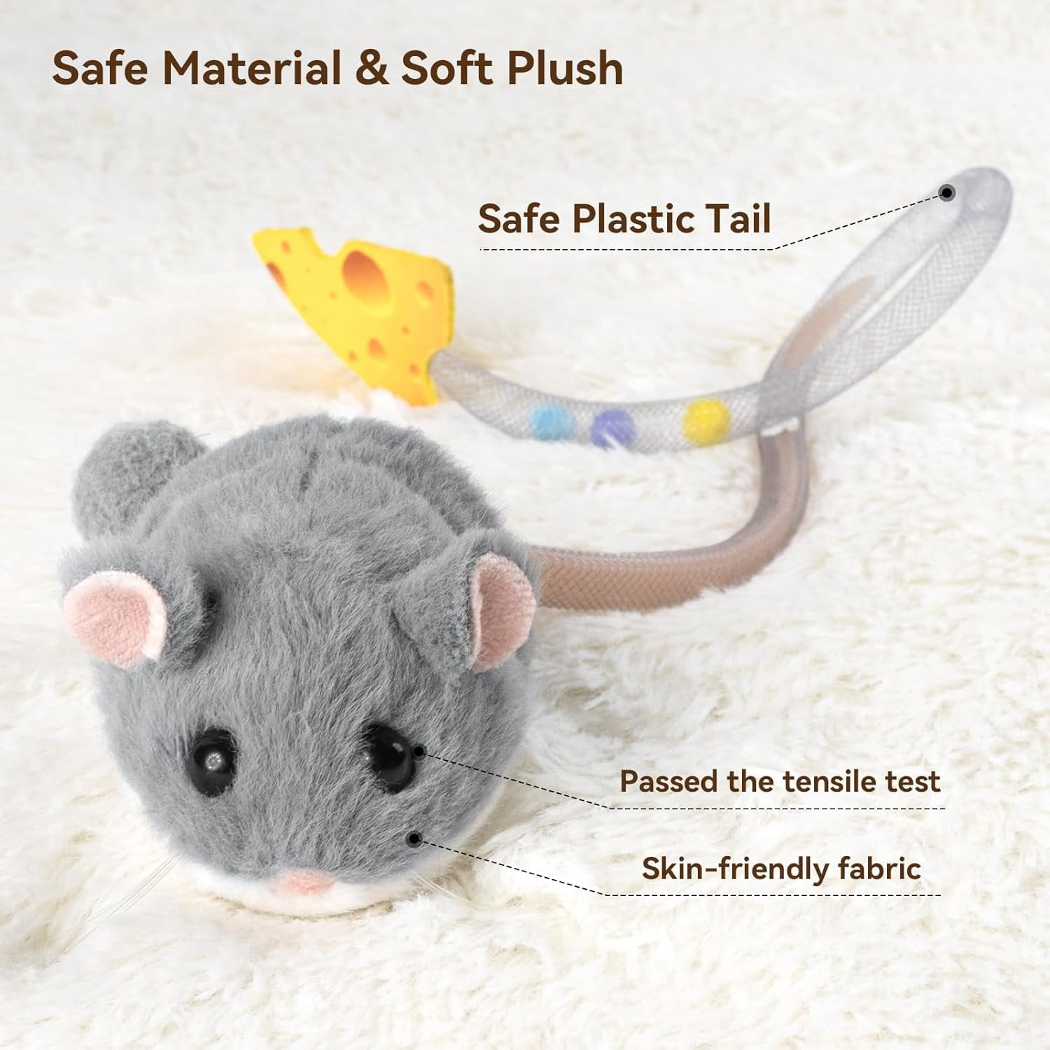 Interactive MigiMouse   360? Rolling & Spin with Mesh Plastic Tail for Indoor Cats  Motion Sensor, Realistic Squeak, Rechargeable Plush Kitten (Grey)