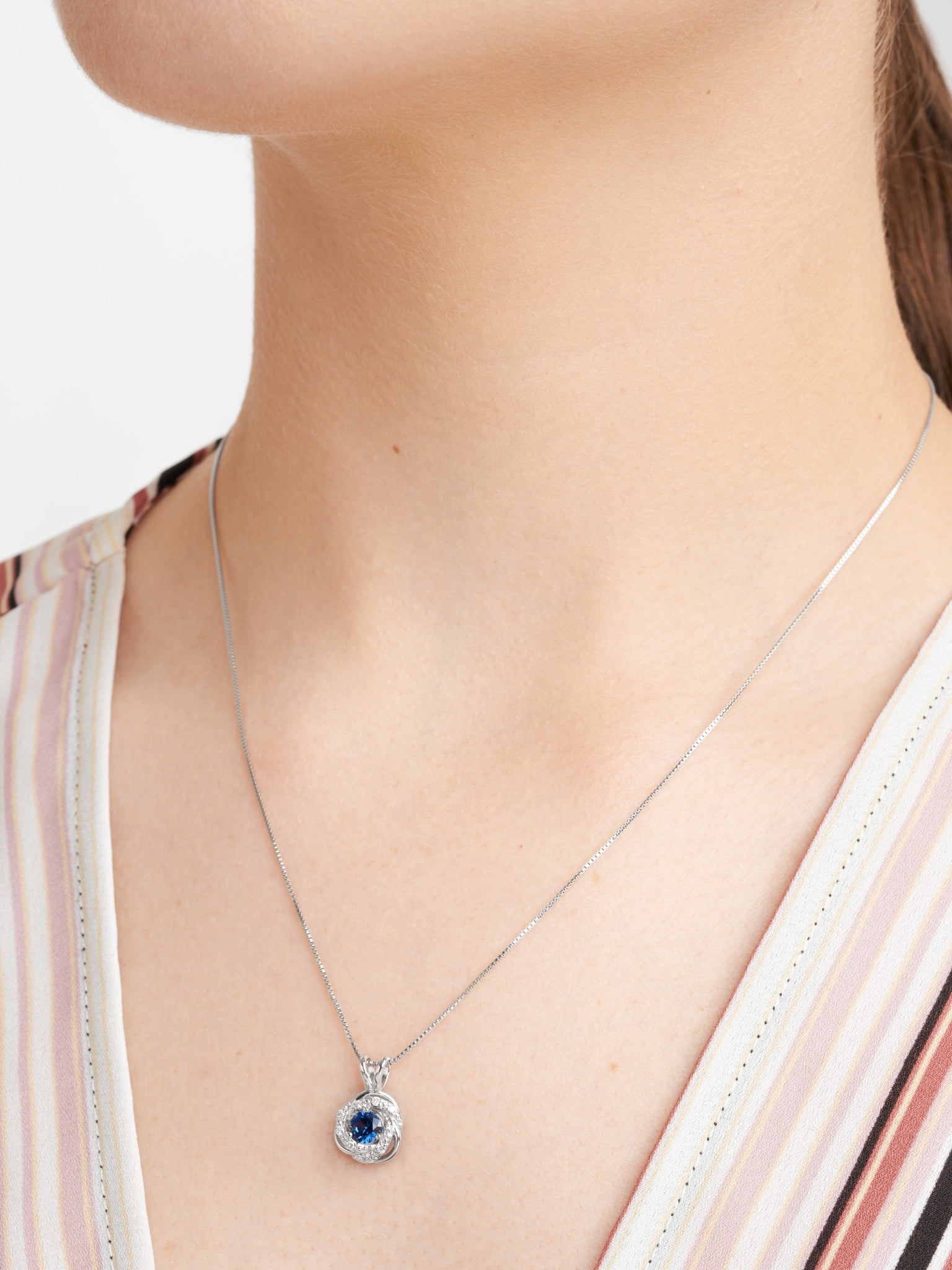 Rhodium Plated Sterling Silver Created Blue Sapphire September Birthstone Love Knot Pendant Necklace for Women Gift for Her