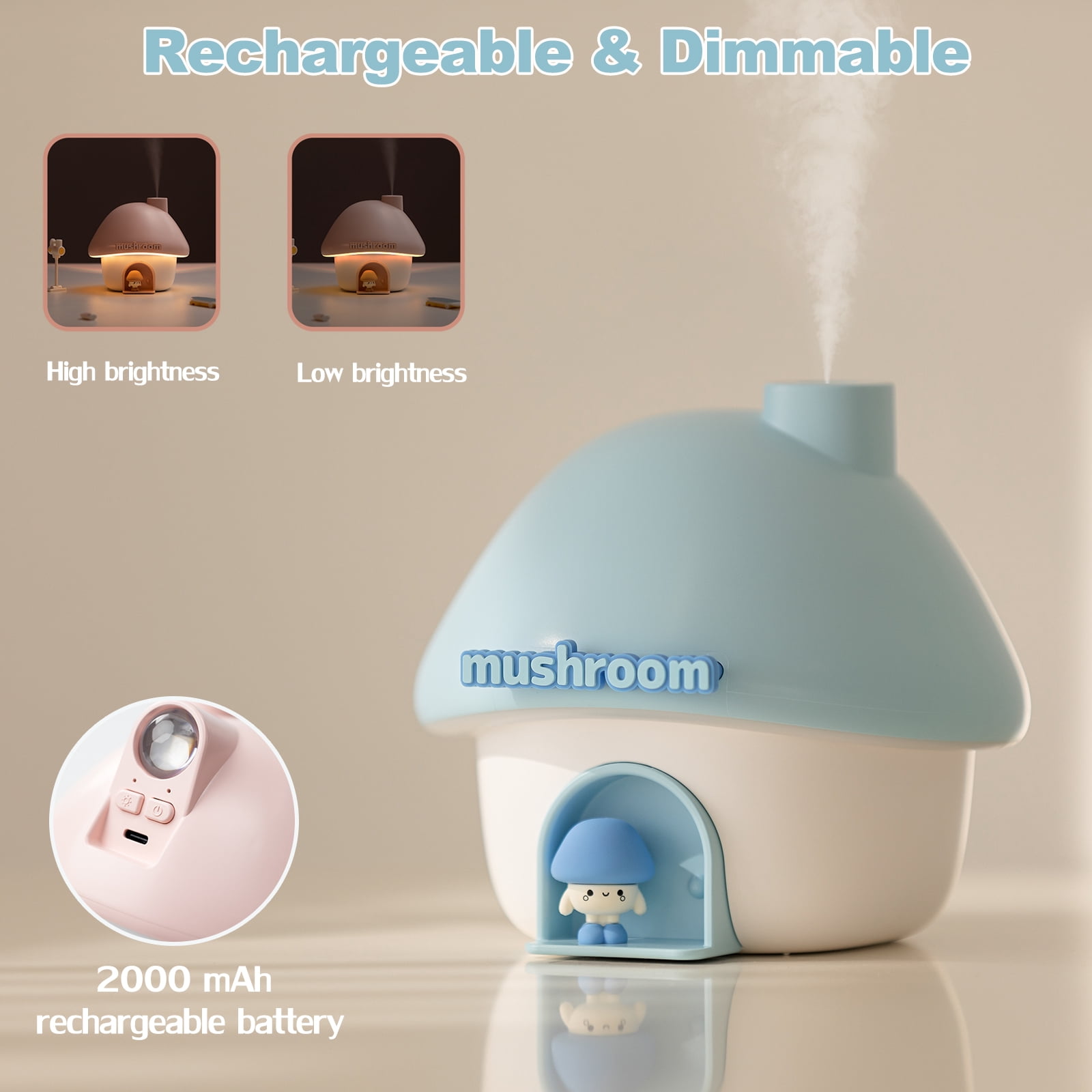 Humidifier for Bedroom, 300ML Cute Mushroom Humidifier with Night Light & 7 Colors Sunset Lamp Projection, Rechargeable Cool Mist Small Humidifier, Mini Humidifier Gifts for Kids Boys Girls