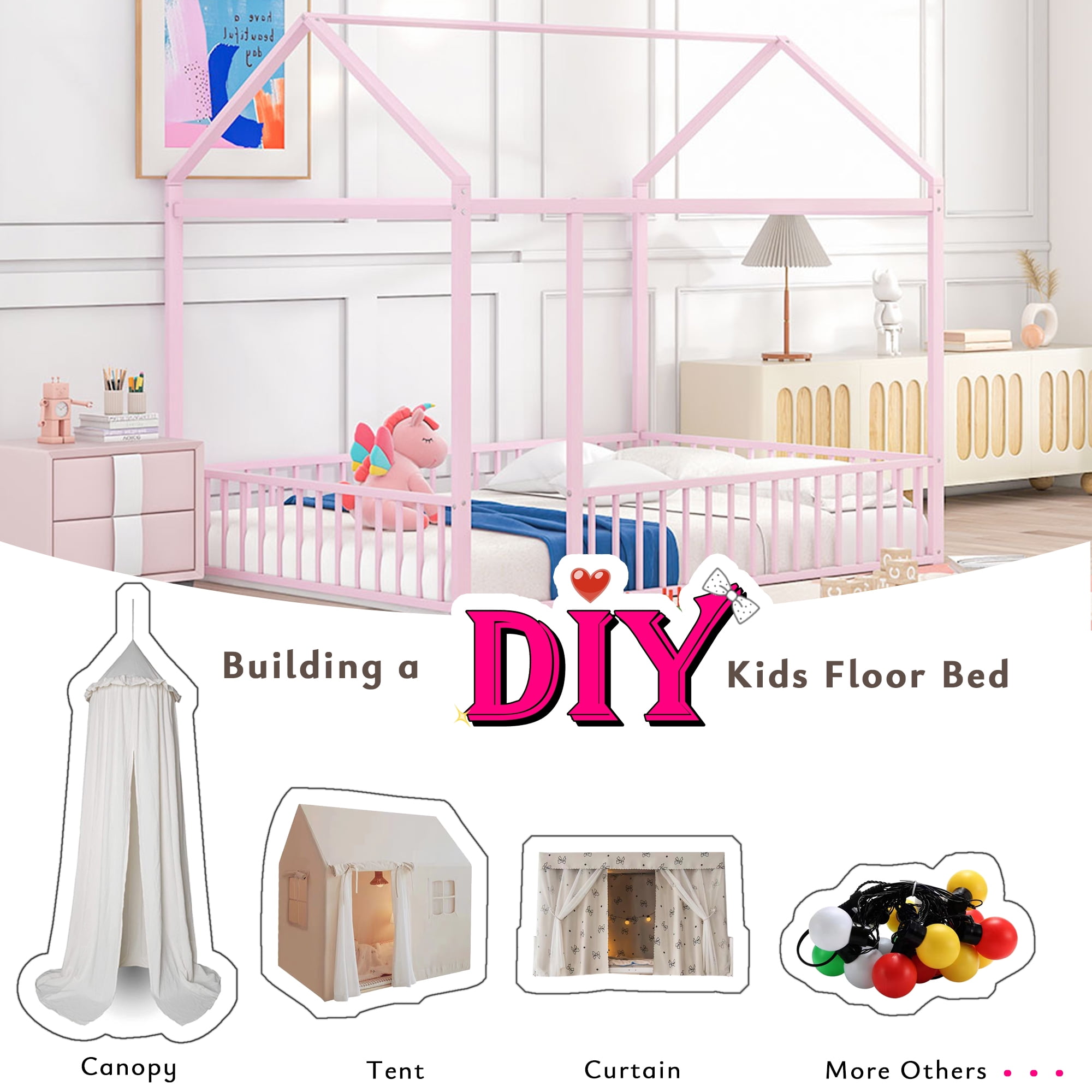 Full Size Metal House Bed Frame with Rails, Montessori Floor Bed  without Slats (Pink)