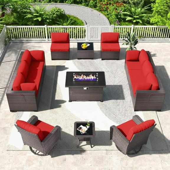 Gotland 13PCS Outdoor PE Rattan Wicker Patio Furniture Set with 43" Fire Pit Table & Swivel Rocking Chairs Set,Red