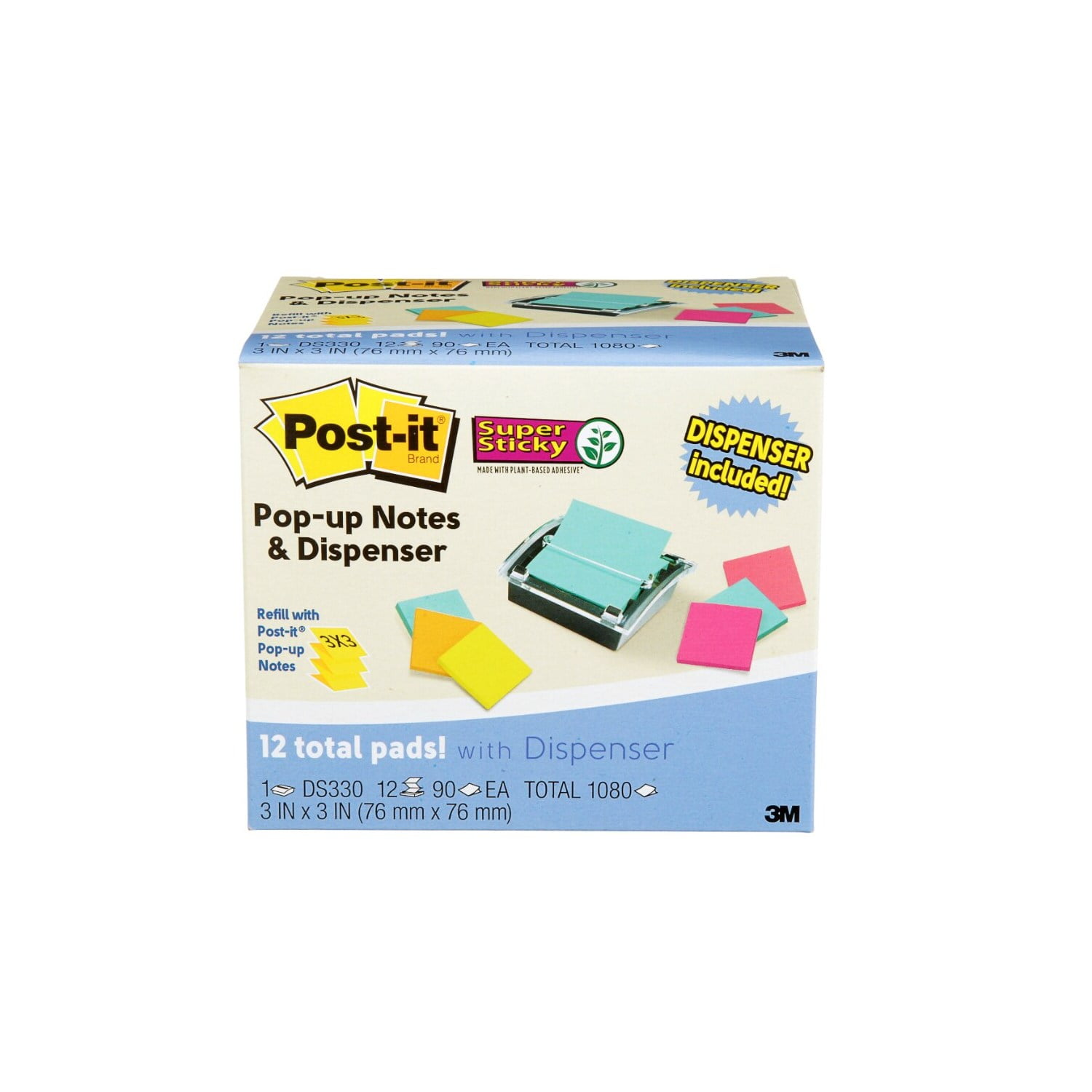 Post-it Super Sticky Dispenser & Pop-up Notes, 3 in x 3 in, Assorted Colors, 12 Pads