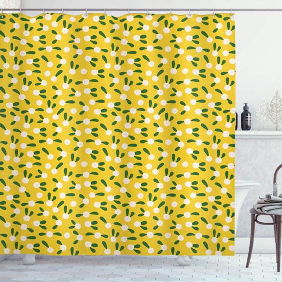 Abstract Shower Curtain, Botanical Elements Circular Flowers Nature Themed Continuous Pattern, Fabric Bathroom Set with Hooks, 69W X 70L Inches, Mustard and Emerald, by Ambesonne