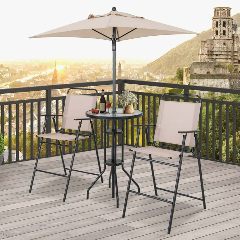 counter height patio set that will hold an umbrella 4 Pieces Outdoor Bar Set with Umbrella-Beige
