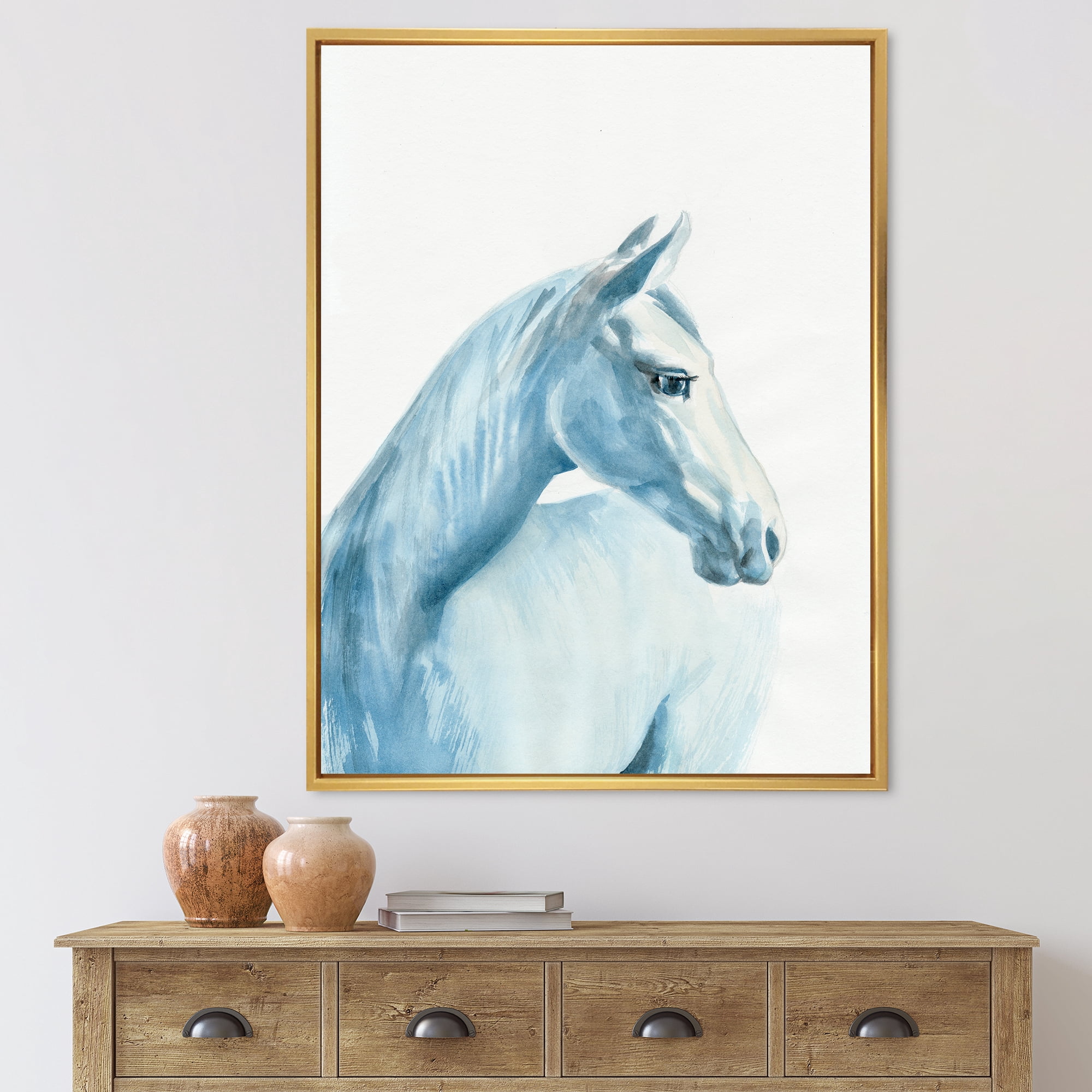 Close Up Portrait Of A Light Blue Horse 16 in x 32 in Framed Painting Canvas Art Print, by Designart