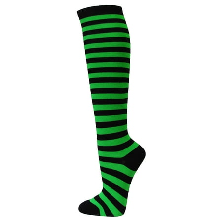 Herringbone Stripe Socks - Couver Halloween costume 2 Colored Striped Women's Fashion Colorful Knee High Tube Socks - Black / Bright Green