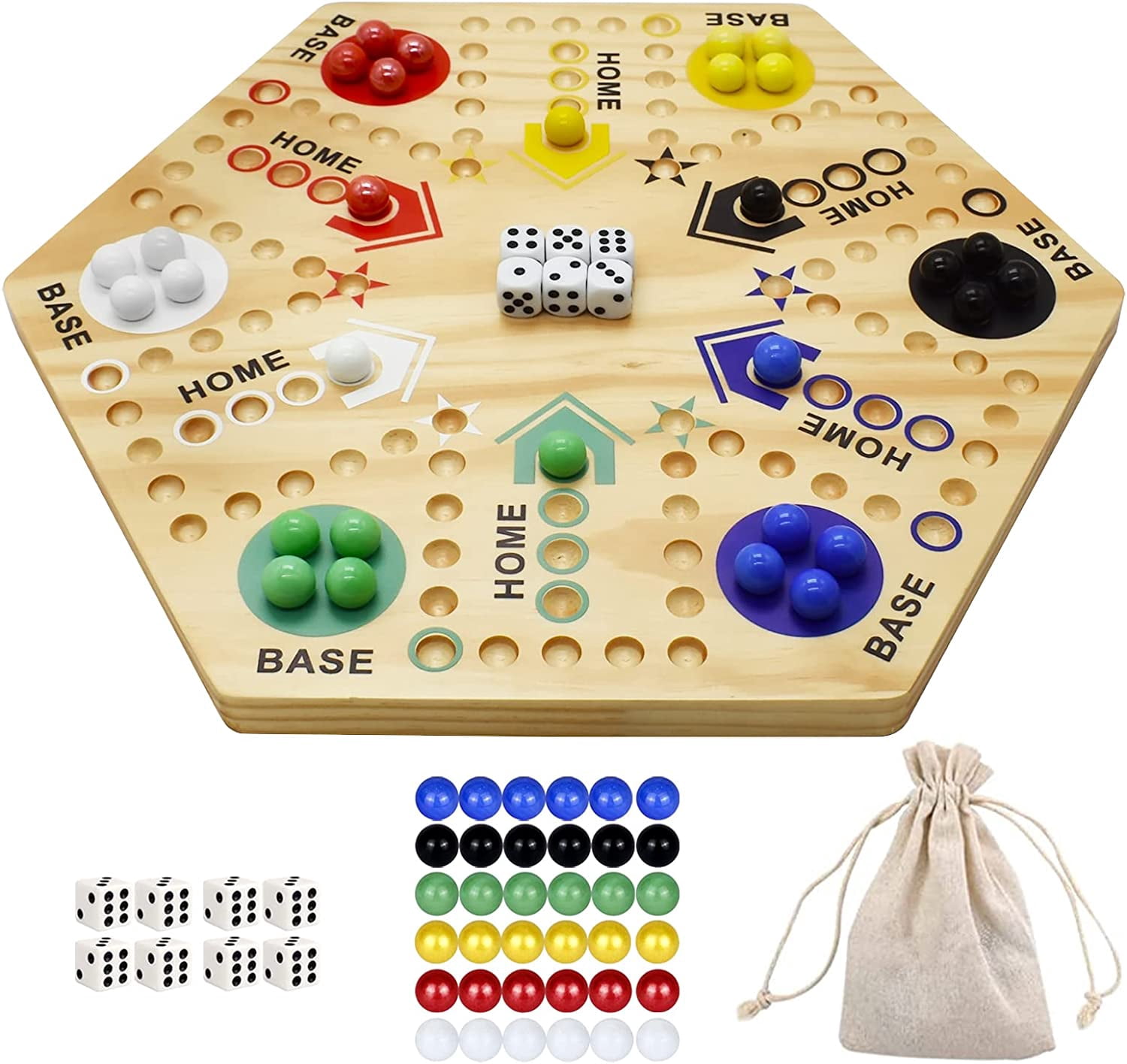 Marble Board Game Original Marble Game Wahoo Board Game Double Sided  Painted 6 and 4 Player Fast Track Board Game with 6 Colors 36 Glass Marbles  8 Dice and Velvet Draw Bag - Walmart.com