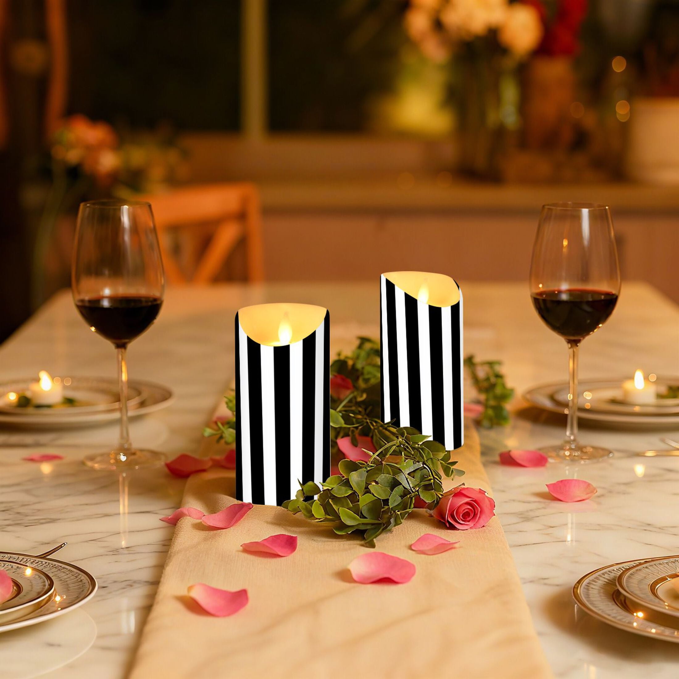 Stripes Lines Pattern Design Flameless Candles 2 PCS with Remote Realistic Moving Flame LED Tapered Pillar Set for Home Decor