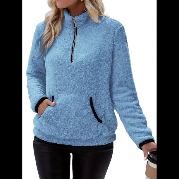 Sudadera Informal de con Cremallera de un Cuarto para Mujer, Larga, Ligera, Suave y Afelpada, con Bolsillos. Azul XL