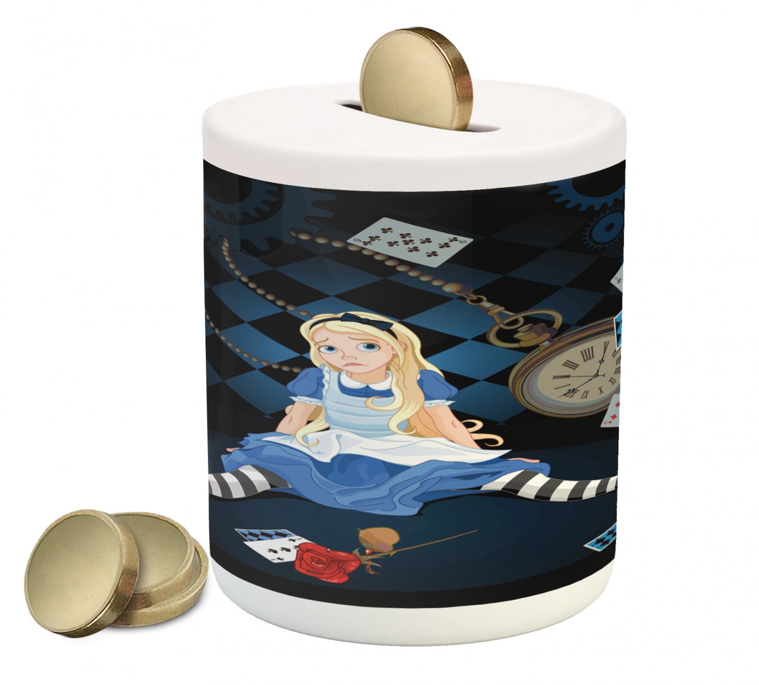Alice in Wonderland Piggy Bank, Grown Giant Girl Sitting Flying Cards and  Rose Checkered Cartoon, Ceramic Coin Bank Money Box for Cash Saving, 3.6" X  3.2", Multicolor, by Ambesonne - Walmart.com