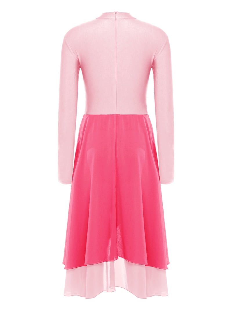 pink praise dance dresses Princess Elegant Chifon and silver sequin Dress ( fusha, Pink , White )