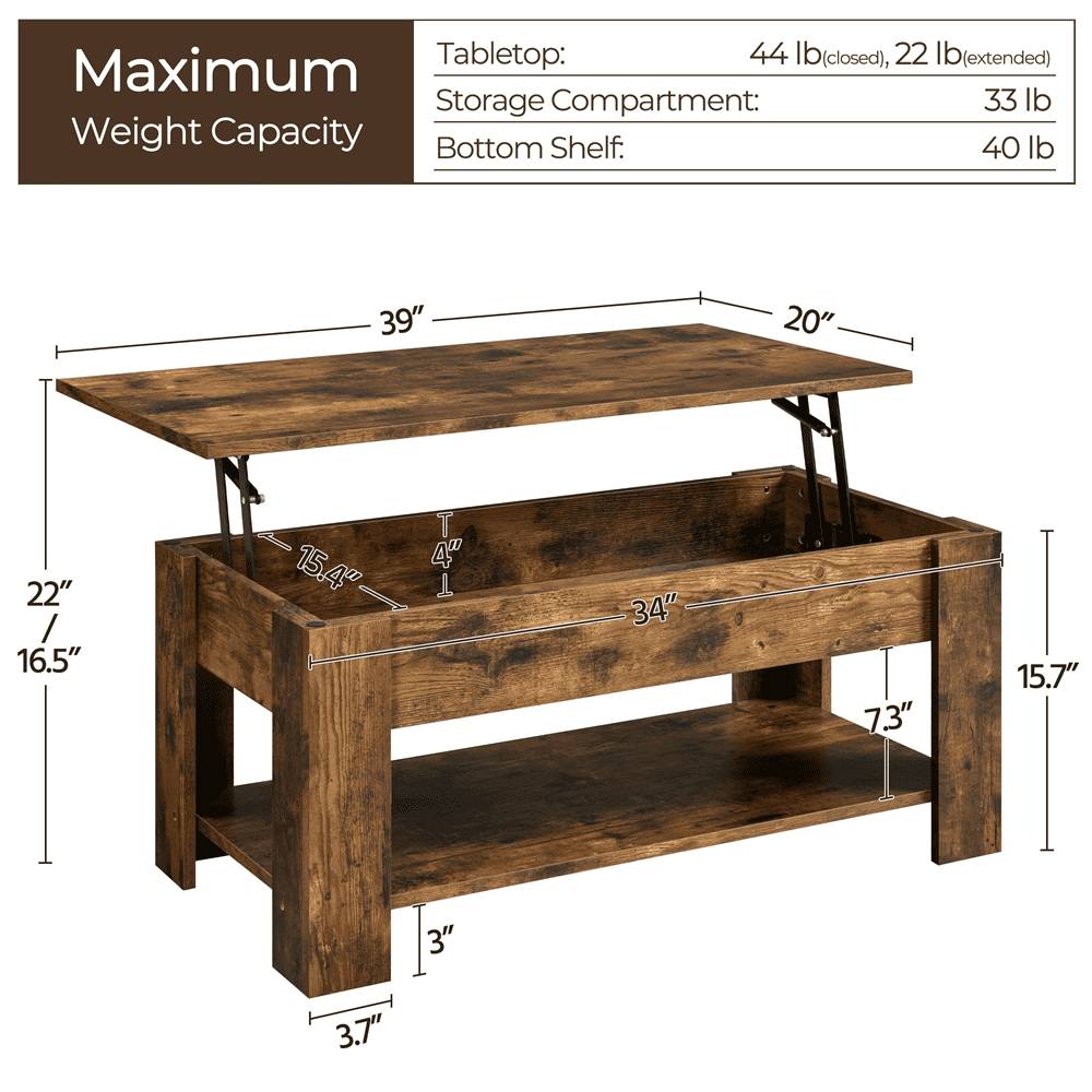 Fullfurnique Lift Top Coffee Table with Hidden Compartment & Open Shelf, Rustic Brown
