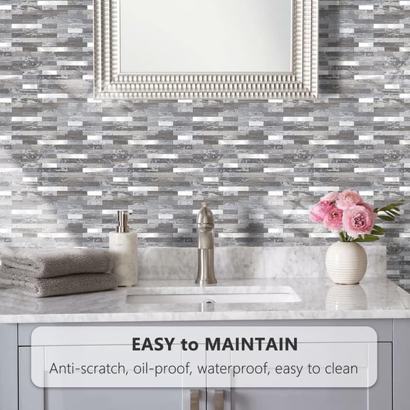 Peel and Stick Backsplash, PVC Wall Tiles Stick on Backsplash for Kitchen(10 Sheets, Distressed Wood with Metal Silver)