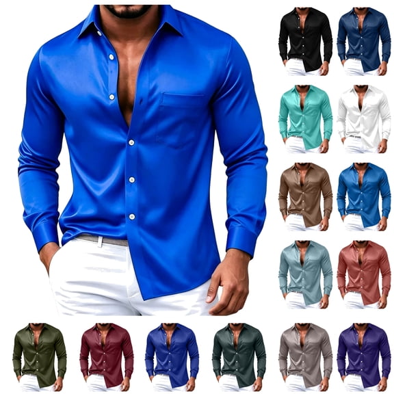 BiZtdJrK Men's Shiny Satin Dress Shirts Long Sleeve Big and Tall Button Down Shirts Casual Collared Silk Shirt Party Disco Show Tees Blue,L