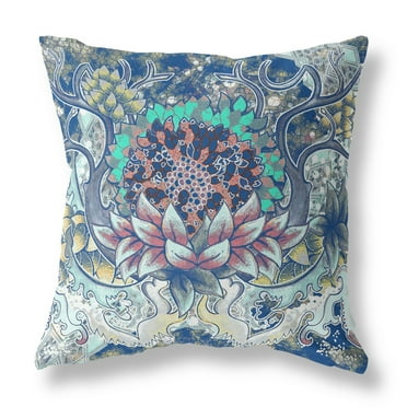 Vase SunFlower Matches Indoor/Outdoor Pillow with Removable Cover in Blue Aqua Yellow16x16