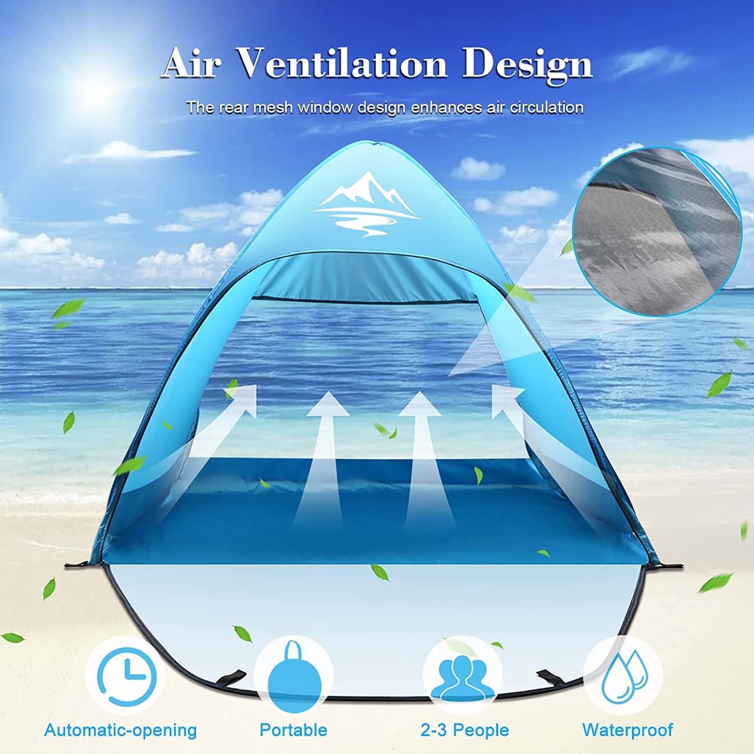 Pop Up Beach Tent UPF 50 Sun Shelter 2-3 Person Automatic Waterproof Fishing Picnic Crenova Camping Tent W/ Carry Bag Blue